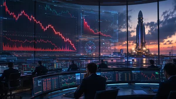 Crypto trading floor with falling chart and generic rocket silhouette, symbolizing SpaceX pre-IPO market decline