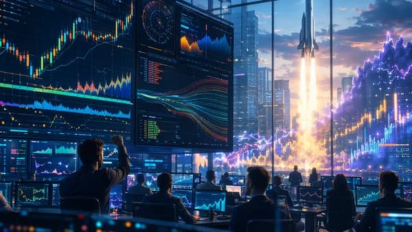 Rocket launch over trading floor with abstract market charts symbolizing SpaceX valuation surge