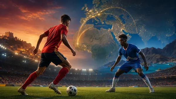 Photorealistic football stadium scene linking Spain and Cape Verde on a glowing world map.