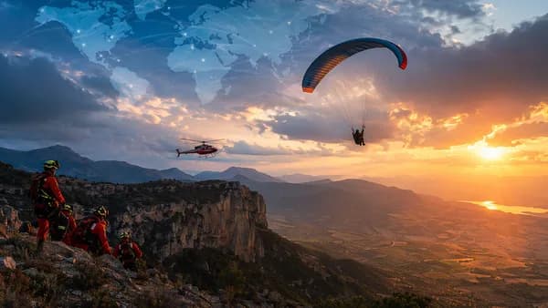 Somber paragliding accident scene in Spanish mountains with rescue helicopter and subtle global map overlay