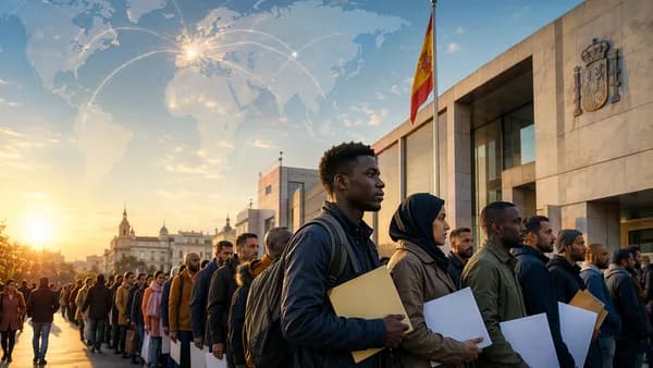 Diverse migrants queue outside a Spanish office with global map connections overhead.