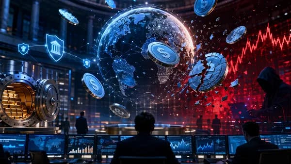 Digital globe with fractured stablecoin tokens symbolizing risks to global financial stability