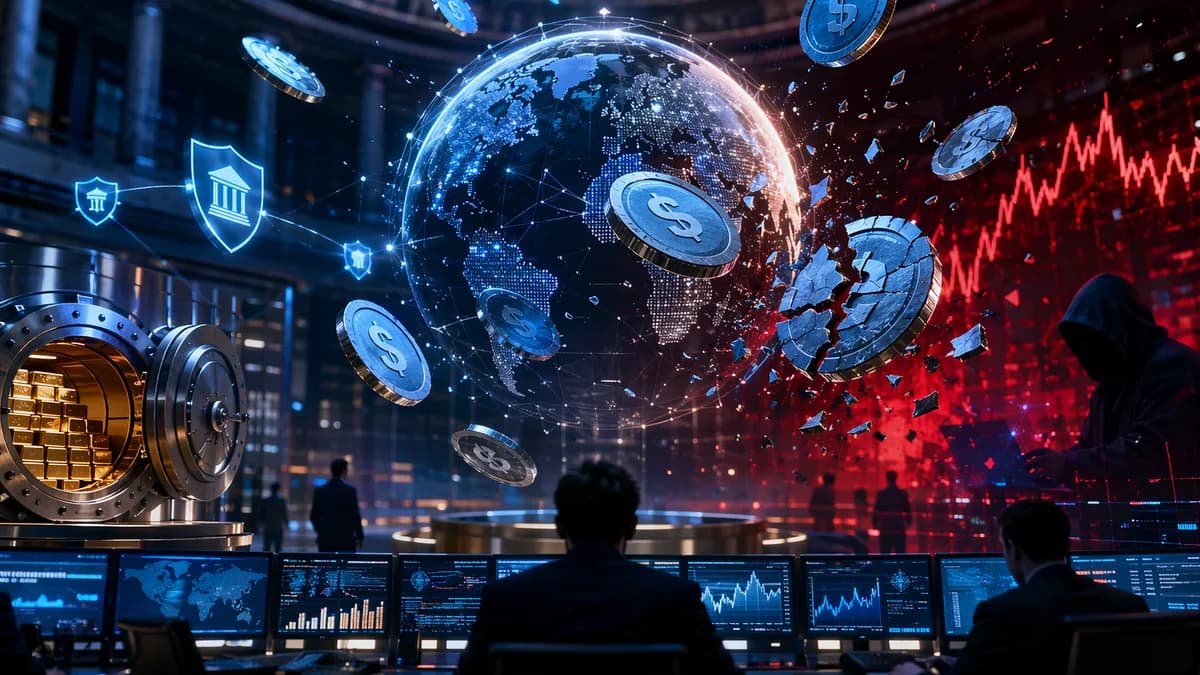 Digital globe with fractured stablecoin tokens symbolizing risks to global financial stability