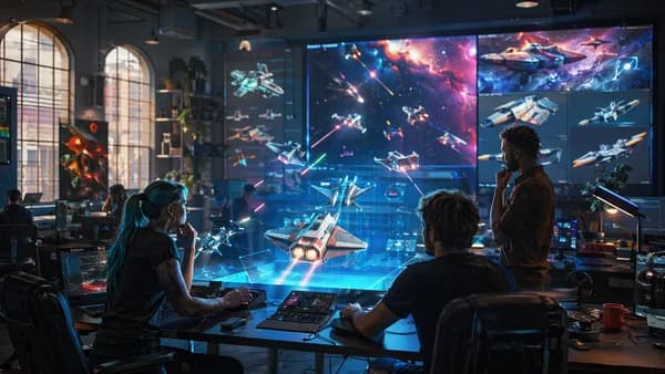 Indie developers test a retro-inspired space combat game in a futuristic studio.