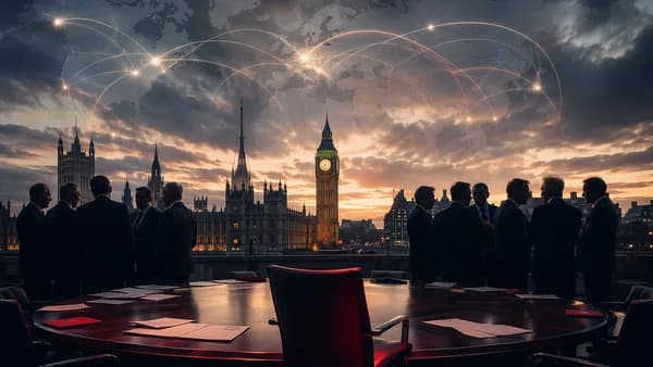 Silhouetted UK political factions near Westminster with a glowing world map and global connection lines.