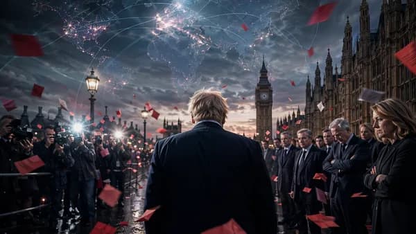 UK political crisis scene near parliament with ballots, media flashes, and global map connections.