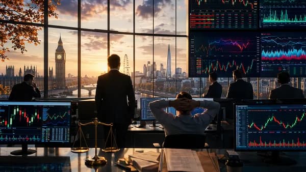 London trading floor with Westminster backdrop and unlabeled market charts amid UK political uncertainty