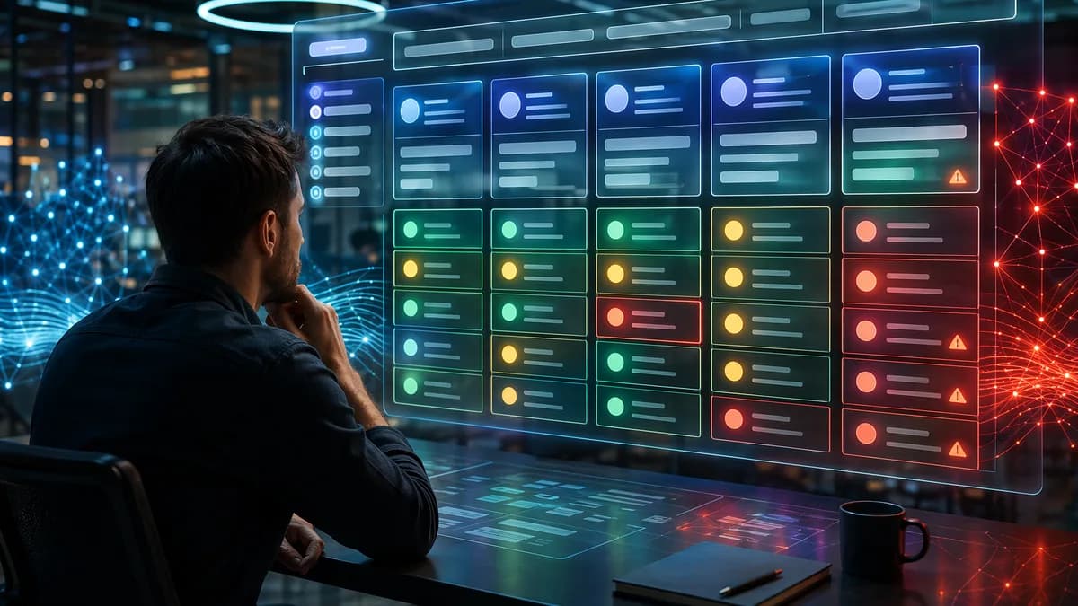 Founder uses an AI database interface to compare startup accelerator program fit in a futuristic workspace.