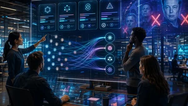 Founders use an AI tool to match startups with suitable accelerators in a futuristic workspace.