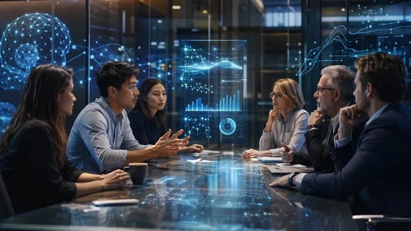 Startup founders face accelerator mentors in a futuristic tech interview room with glowing data screens.
