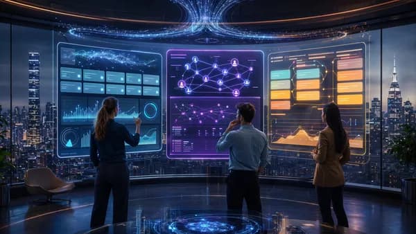Futuristic fundraising CRM workspace with abstract dashboards, investor networks, and pipeline data.