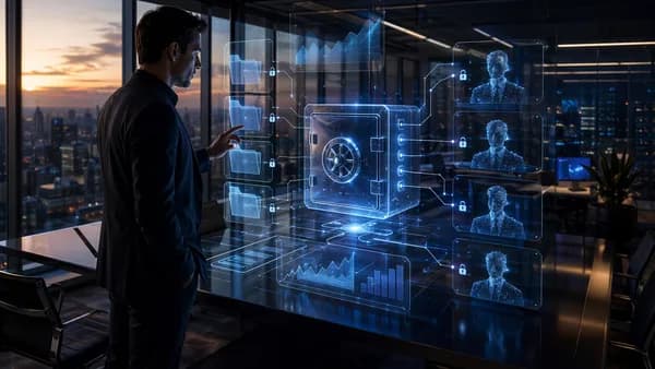 Founder reviews secure data room software with investor access and analytics in a futuristic workspace
