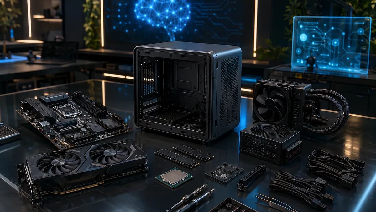 Compact mini gaming PC parts on a futuristic workbench, highlighting build cost and engineering complexity.