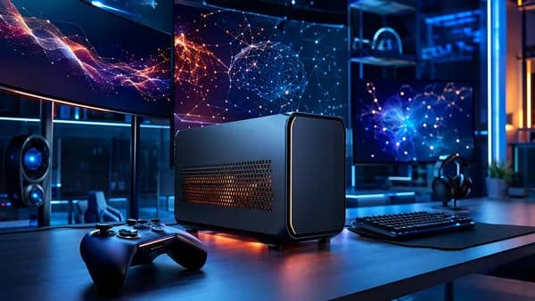 Unbranded gaming PC console in a futuristic tech review workspace with abstract preorder visuals