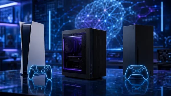 Premium compact gaming PC console displayed in a futuristic tech workspace beside generic console silhouettes.
