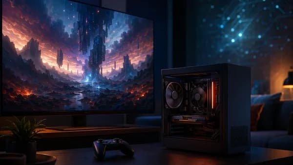 Compact couch gaming PC in a futuristic living room workspace with controller and cinematic tech lighting.