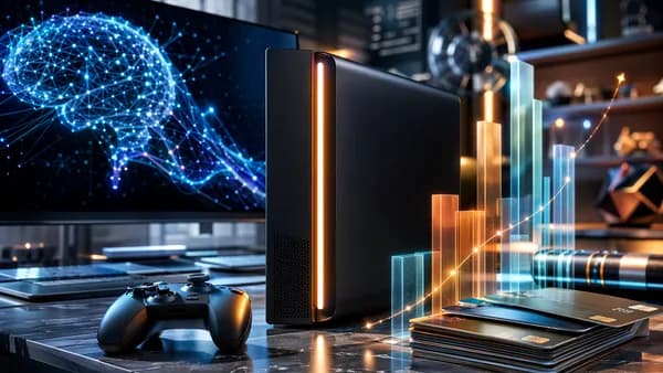 Premium futuristic game console on tech desk with abstract rising cost visuals.
