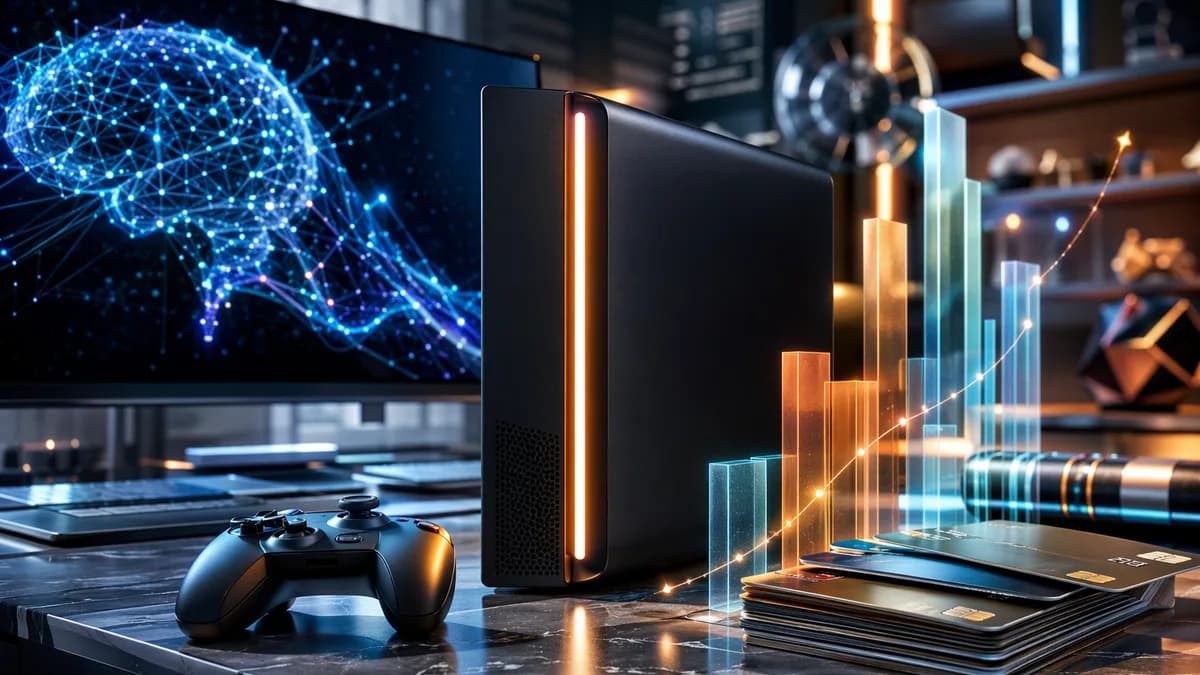 Premium futuristic game console on tech desk with abstract rising cost visuals.