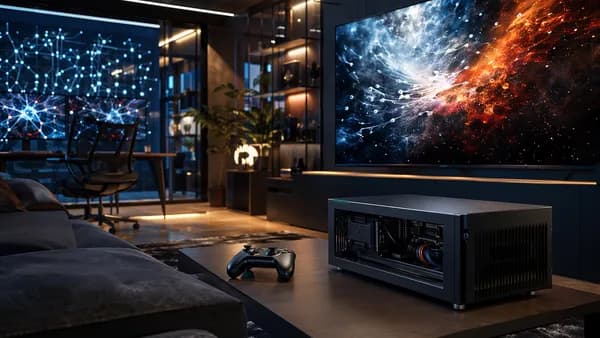 Compact couch gaming PC in a futuristic living room with controller, screen, and circuit-inspired lighting.