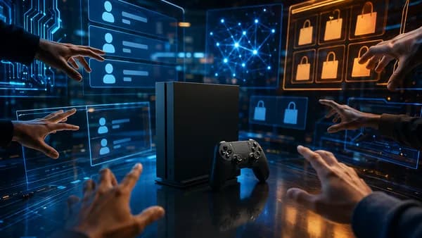 Gaming console reservations surrounded by anonymous reseller hands in a futuristic tech workspace.