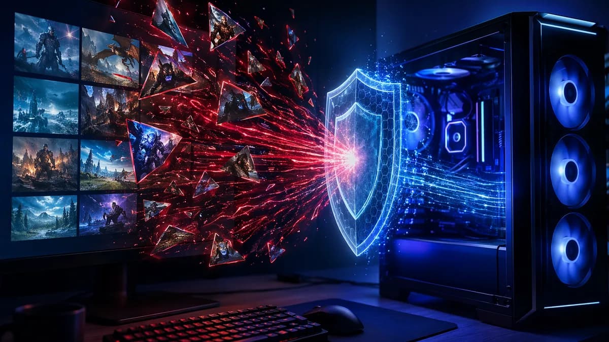 Gaming wallpaper downloads visualized as malware streams attacking a protected computer system