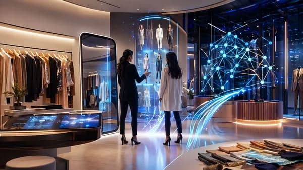 AI-powered personal shopping studio with smart mirrors, clothing racks, and glowing tech interfaces.