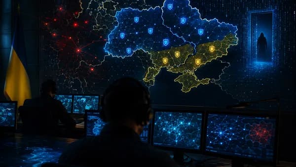 Stealth cyber intrusion targeting Ukrainian government and military networks with defensive shields and encrypted data.