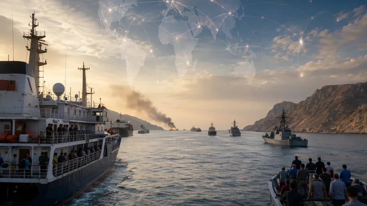 Evacuation ships halted in the Strait of Hormuz after an attack, with global map connections overhead.