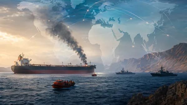 Cargo ship crisis near Strait of Hormuz with global map and maritime security atmosphere