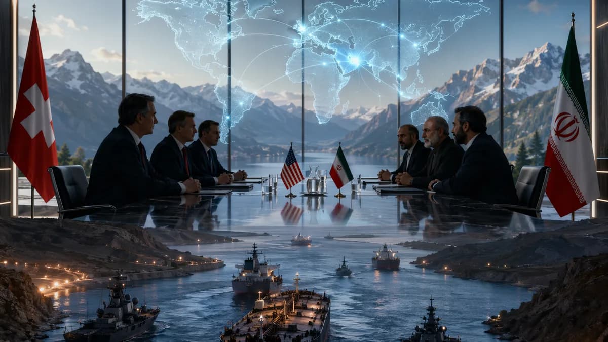 Swiss diplomacy scene with oil tankers in Hormuz and global connection map, symbolizing Iran talks and energy security.