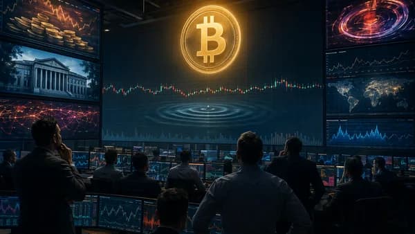 Crypto trading floor with bitcoin and flat charts as macro market data dominates sentiment