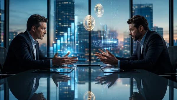 Two fintech executives debate Bitcoin treasury metrics amid abstract charts and digital finance visuals.
