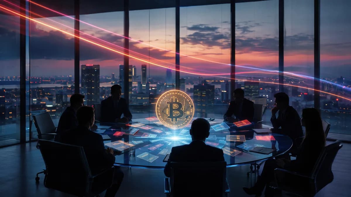 Boardroom with bitcoin hologram and abstract share fragments suggesting dilution concerns
