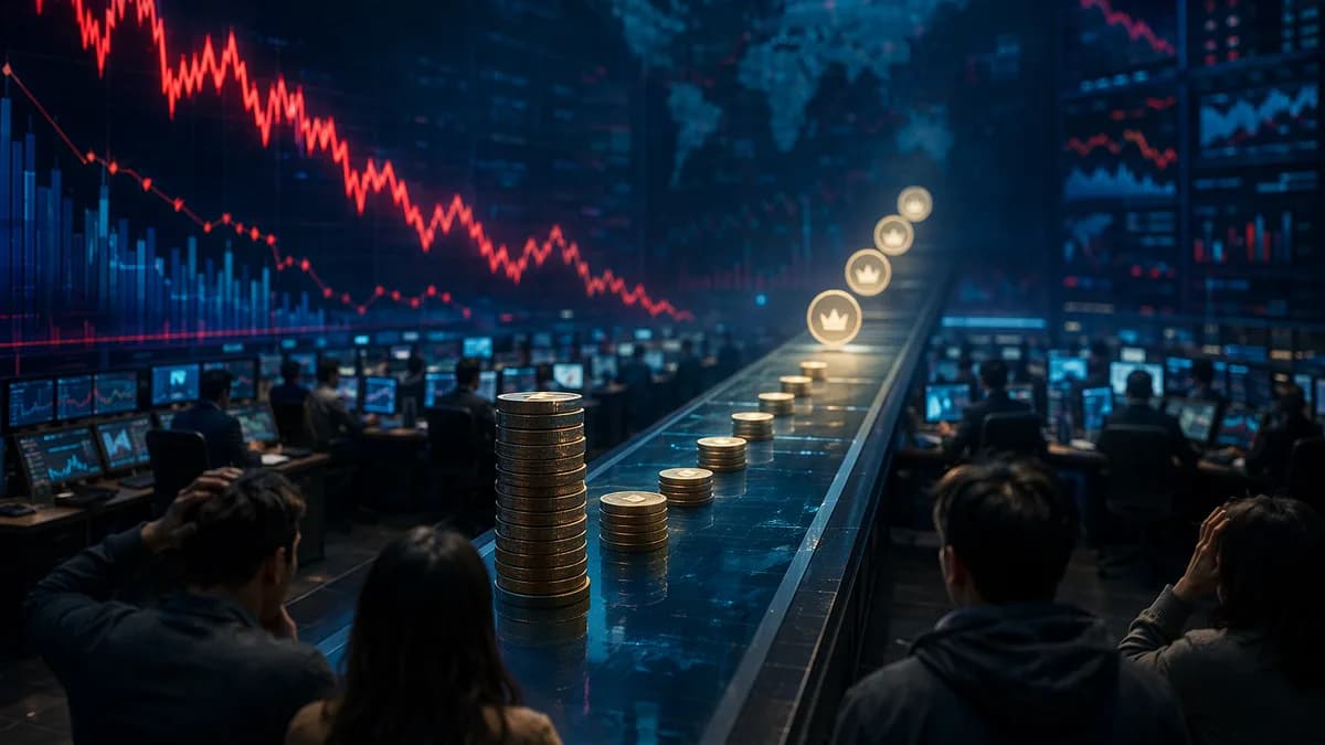 Retail investors watch shrinking cash reserves and falling market charts on a tense trading floor.