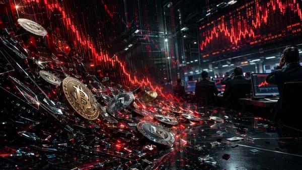 Crypto coins falling across red market charts on a tense trading floor