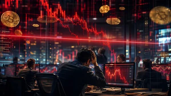 Trading floor with plunging red charts and bitcoin-like coins, symbolizing a crypto-backed preferred stock selloff.