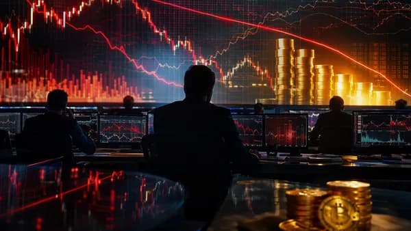 Trading desk with Bitcoin-linked stock charts, falling trend lines, and yield risk visuals.