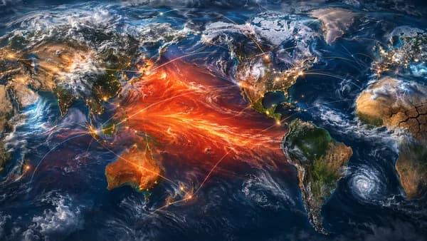 World map with warm Pacific currents and global storm patterns symbolizing a strong El Niño year.