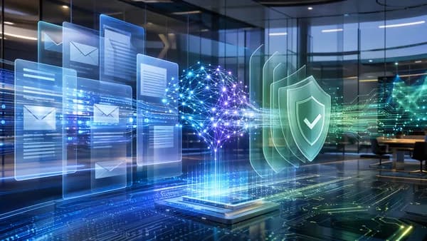 Futuristic AI workspace with neural network and glowing trust shield scanning abstract writing panels