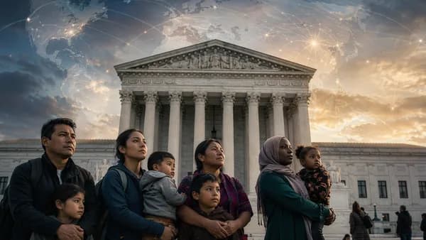 Immigrant families before a shadowed courthouse with global map connections, symbolizing asylum policy tensions.