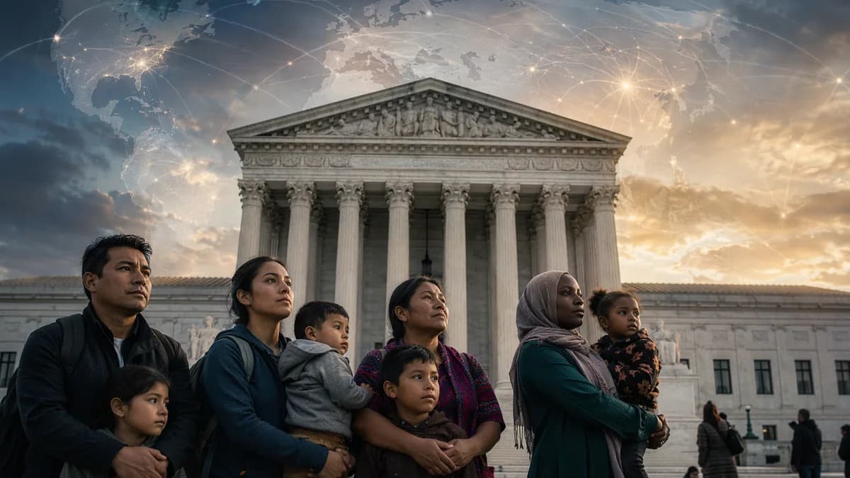 Immigrant families before a shadowed courthouse with global map connections, symbolizing asylum policy tensions.