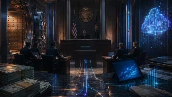 Courtroom and bank vault scene symbolizing a fintech deposit dispute over frozen funds.