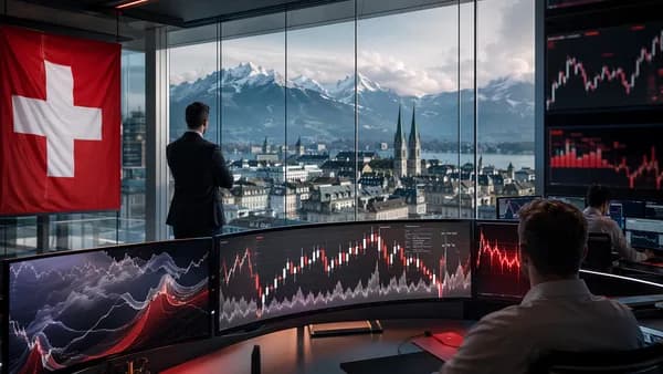 Swiss FX trading desk with alpine backdrop and abstract market charts suggesting SNB intervention risk