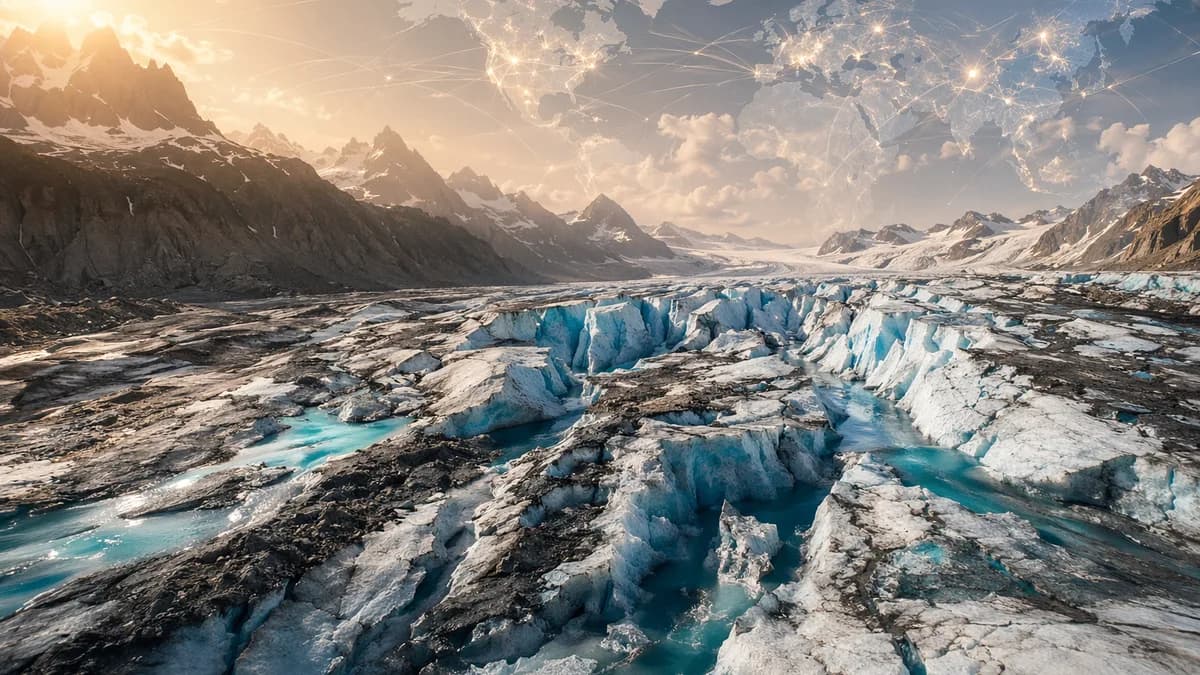Swiss glacier melting in heatwave with world map and global connection overlay