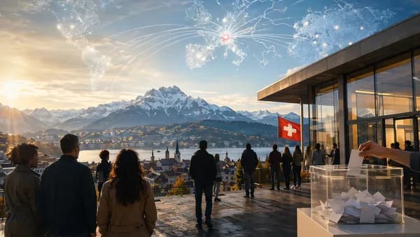 Swiss voters, alpine city, global map connections, and open borders symbolizing rejected population cap