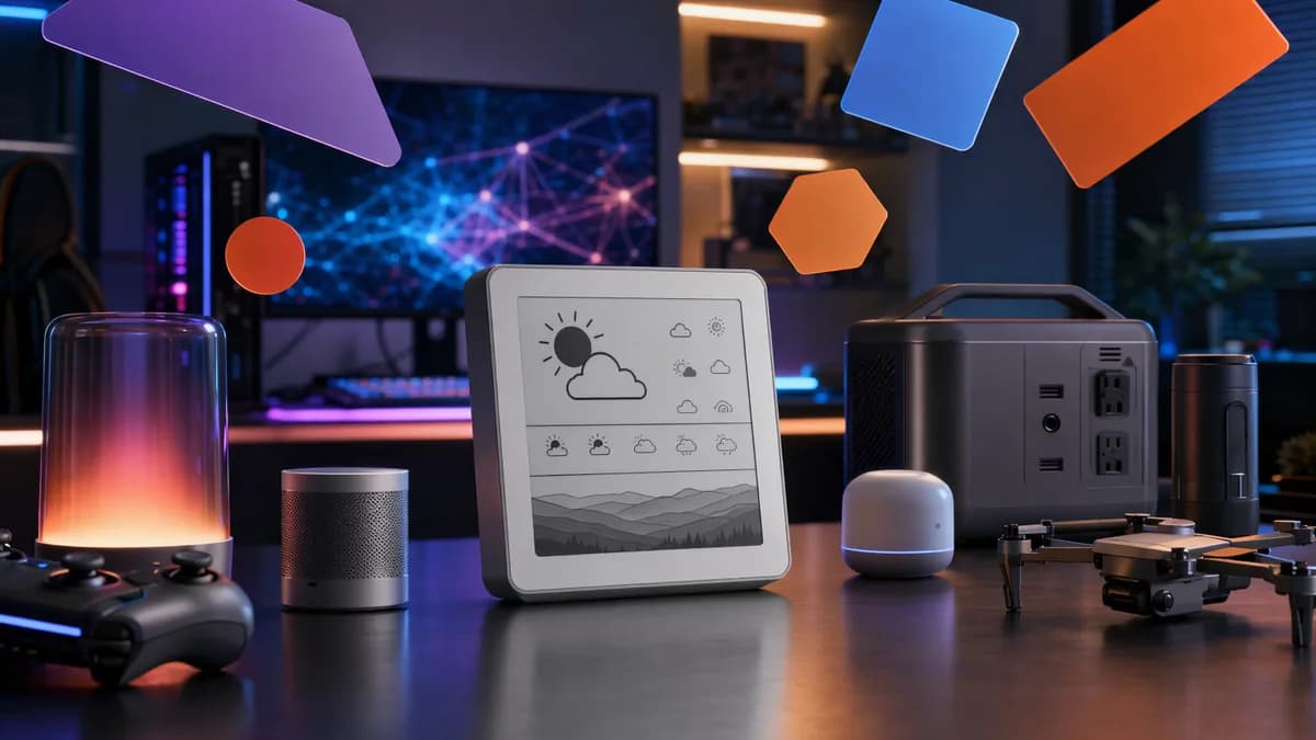 Smart E Ink weather station and consumer tech gadgets in a futuristic workspace sale scene.