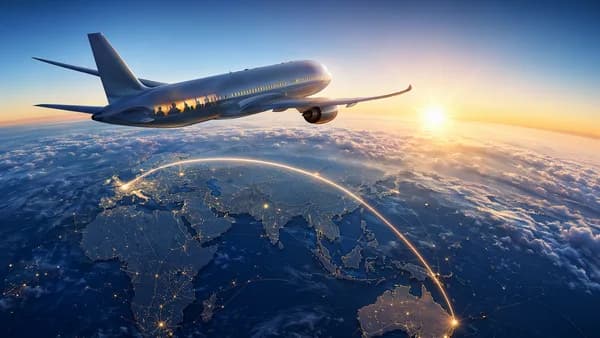 Sleek long-haul jet crossing a glowing world map route from Australia to Europe at sunrise.