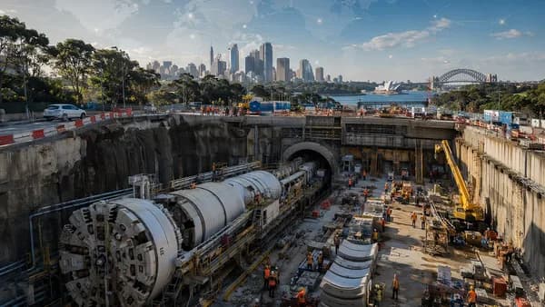 Sydney motorway tunnel works resume near repaired sinkhole with skyline and global map motif.