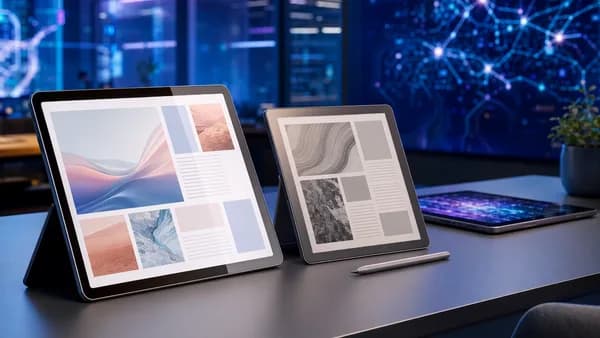 Modern tablets for PDF reading in a sleek tech workspace with E Ink and color displays.