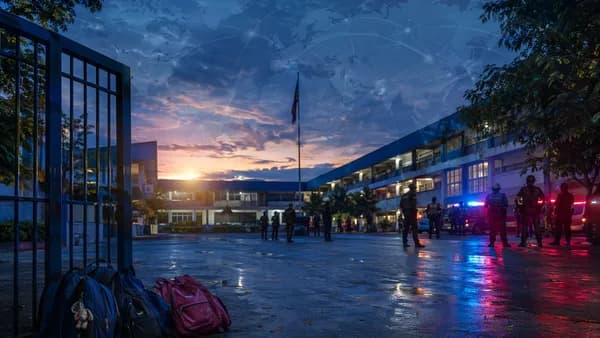 Somber Philippines school campus with emergency response lights and global map overlay